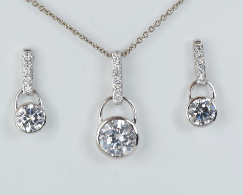 Sterling Silver/CZ Bar Drop Earrings and Pendant Set